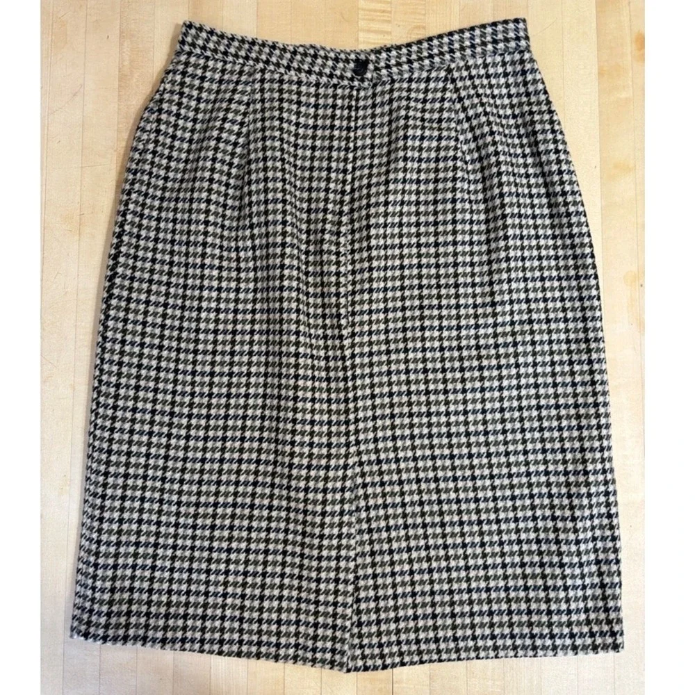 VTG Briggs New York Women's Size 14 Black‎ Cream Wool Houndstooth Pencil Skirt